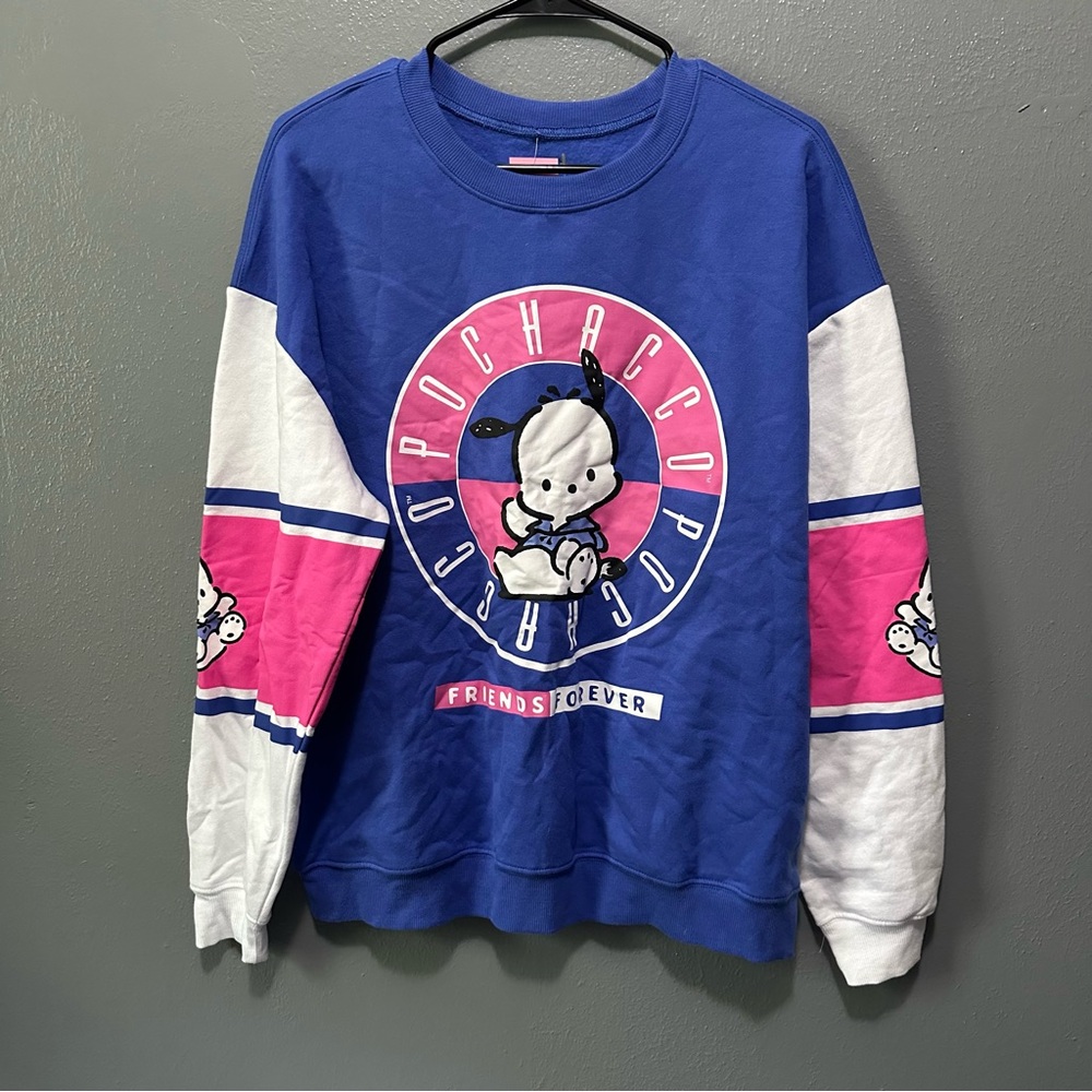 Sanrio Pochacco Sweatshirt Women’s Size L Blue Pink Crewneck Hello Kitty
